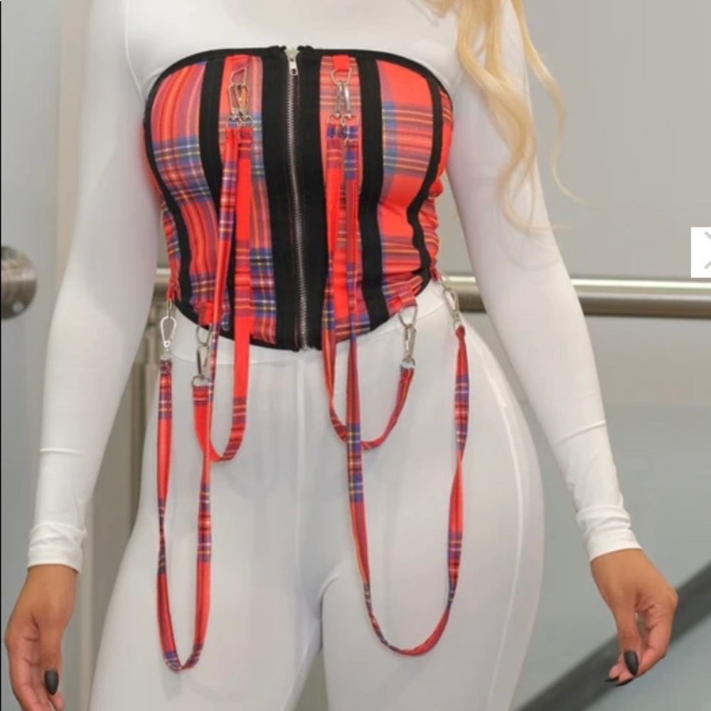 Plaid Zip Strap Decor Corset